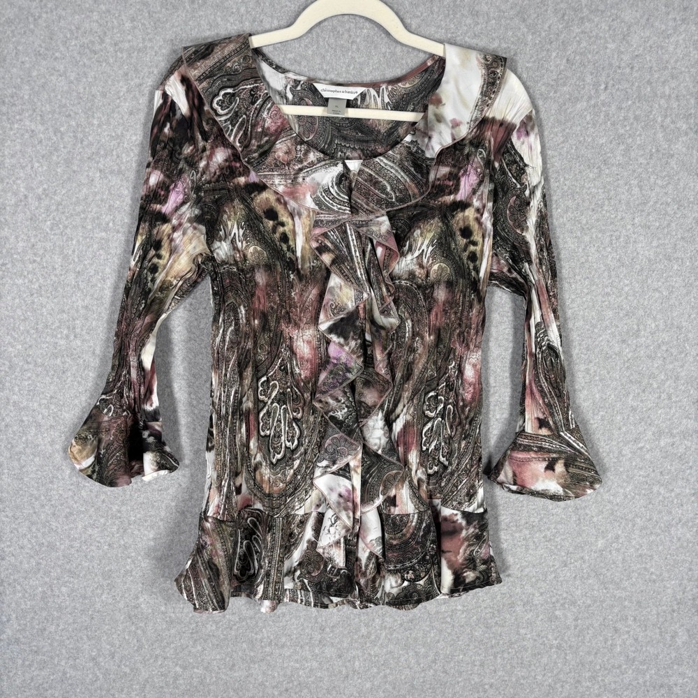 Y2K Christopher Banks Fairy Grunge Blouse XL Brown Paisley Ruffle Crinkle Pleat